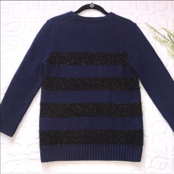 ANN TAYLOR Navy Black Stripe Cashmere Sweater Medium Tencel Holiday Christmas - Picture 4 of 6